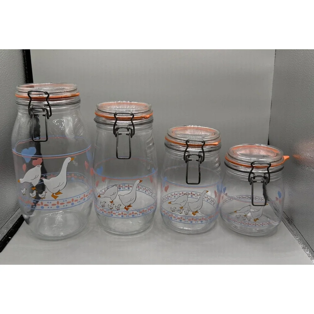 Vintage ARC France Hearts & Geese Glass Canister Set 4 Clamp Lid Wire Bail Jars